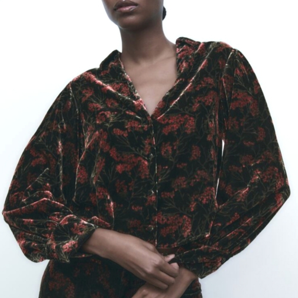 Zara printed velvet floral Charlotte blouse puff sleeve fall - Picture 3 of 13